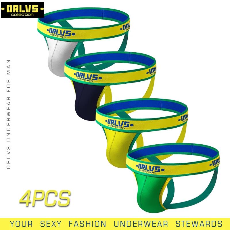 

ORLVS 4PC/LOT Sexy Men Underwear Jockstrap Cueca G-String And Thongs Gay Men Underwear Male Panties Jockstrap Breathable Briefs