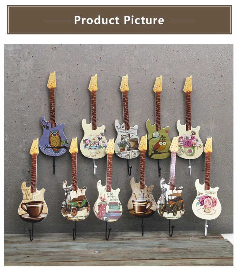 Креативная деревянная наклейка для гитары крючки Ретро Подвеска Гитара Настенный декор магазин одежды Туалетная Вешалка-крючок для пальто