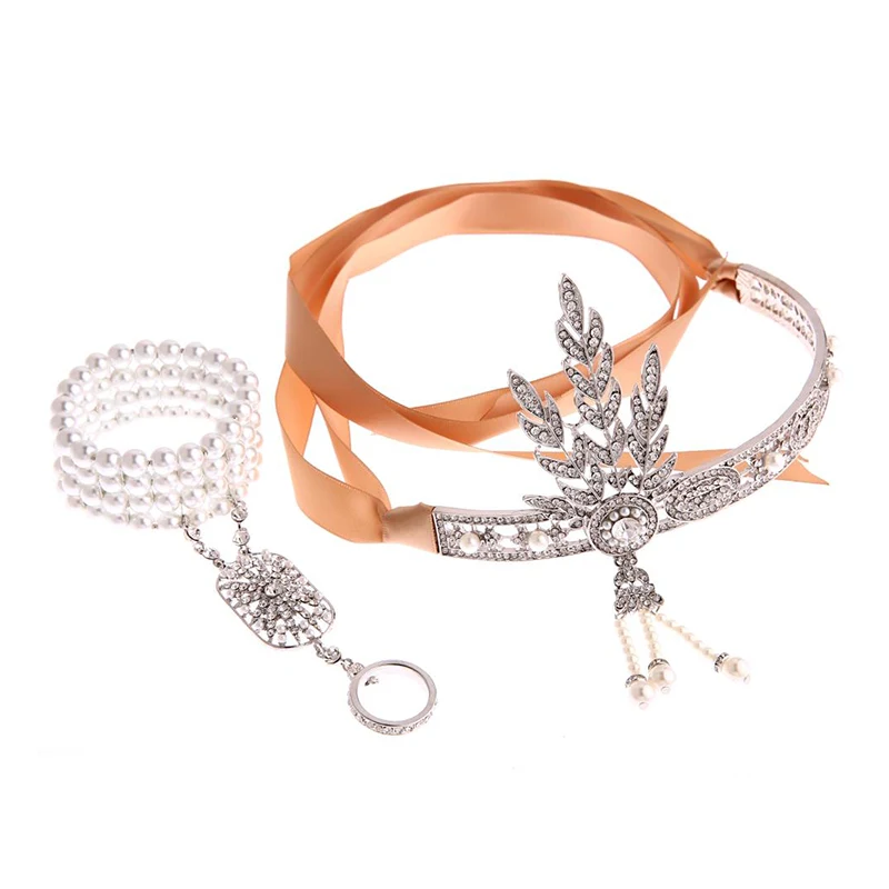 Silver-set Серебро 20s головной убор Винтаж 1920s головная повязка Хлопушка Great Gatsby ювелирные аксессуары - Цвет: Silver-set