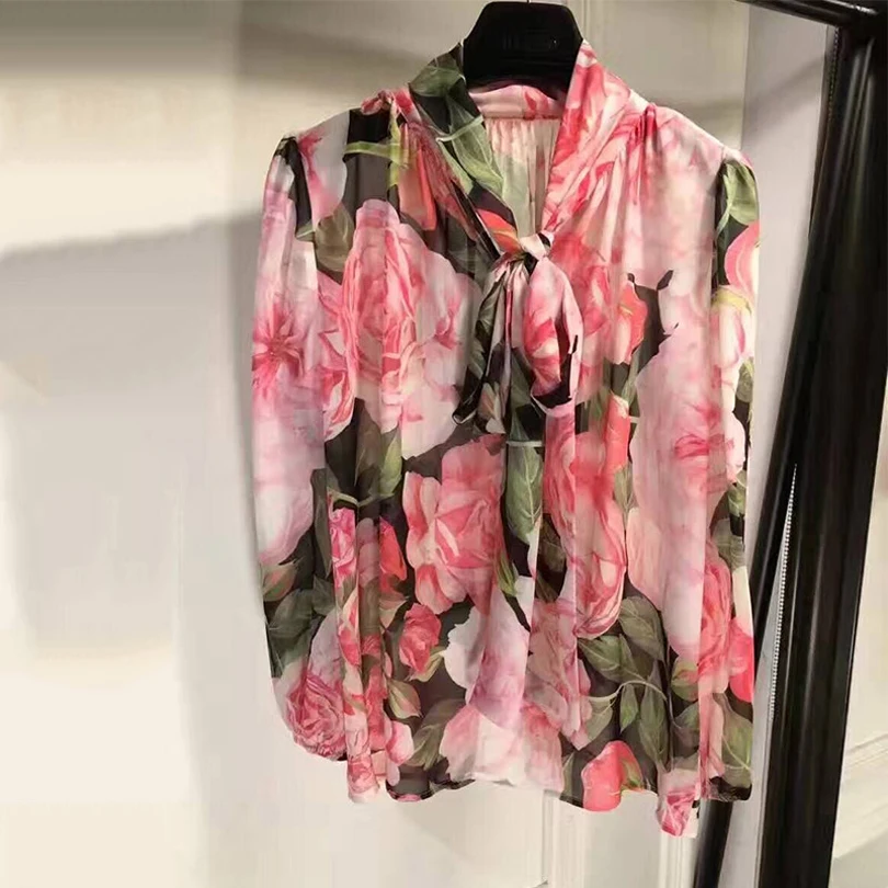 Женская блузка с бантом на воротнике модельная дизайнерская принтом роз 2017|blouse