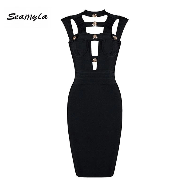 Женское Бандажное платье черное без рукавов с золотыми кнопками | Женская одежда