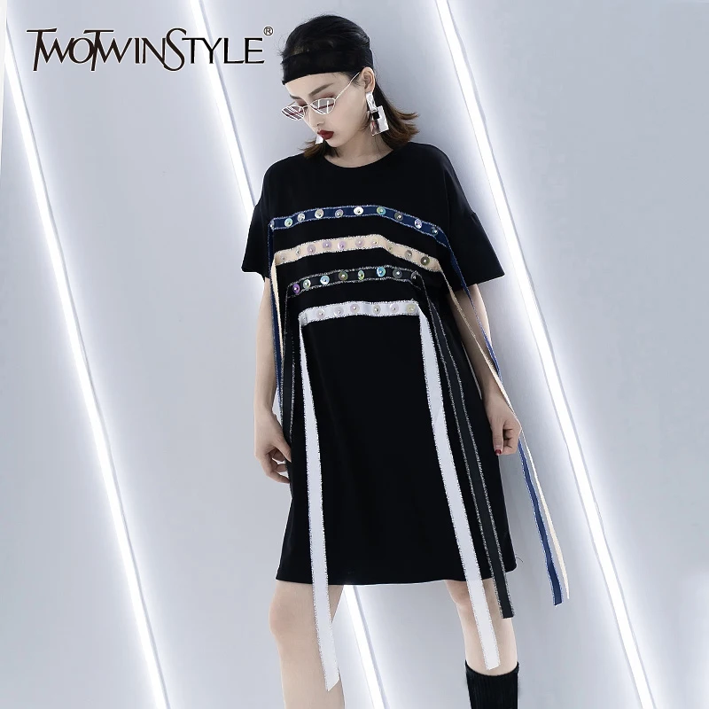TWOTWINSTYLE полосатая футболка с кисточками платья для женщин короткий рукав пайетки