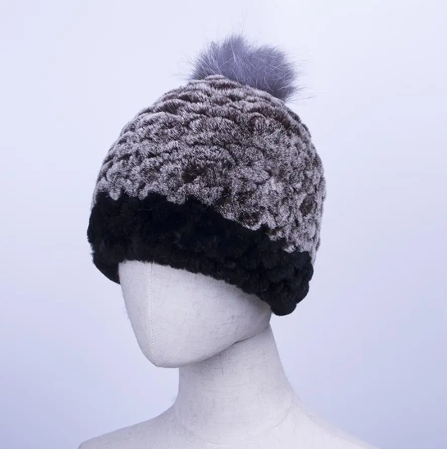 BROWN BLACK YCFUR женские шапки зимние теплые шапки Мягкие вязаные меховые шляпки кролика рекс с меховым помпоном из лисьего меха шапка женская - Цвет: BROWN BLACK
