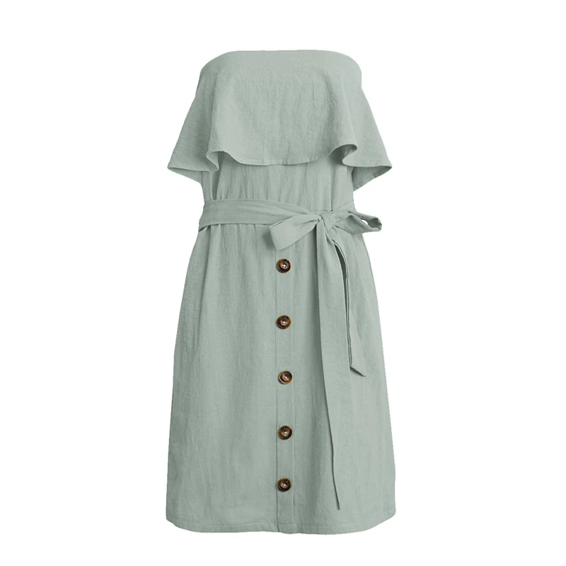 2019 Summer Womens Strapless Dress Fashion Ruffles with Sashes Vestidos Buttons Female Cotton Linen Sleeveless Ladies Mini | Женская