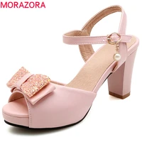 morazora 2021 hot sale women sandals sweet pink bowknot summer shoes elegant peep toe prom shoes comfortable square heel shoes