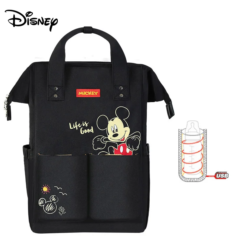 

Сумка для подгузников Disney для мам, Детский рюкзак для ухода за ребенком, дорожная черная Дорожная коляска с USB-подогревом, серия микки