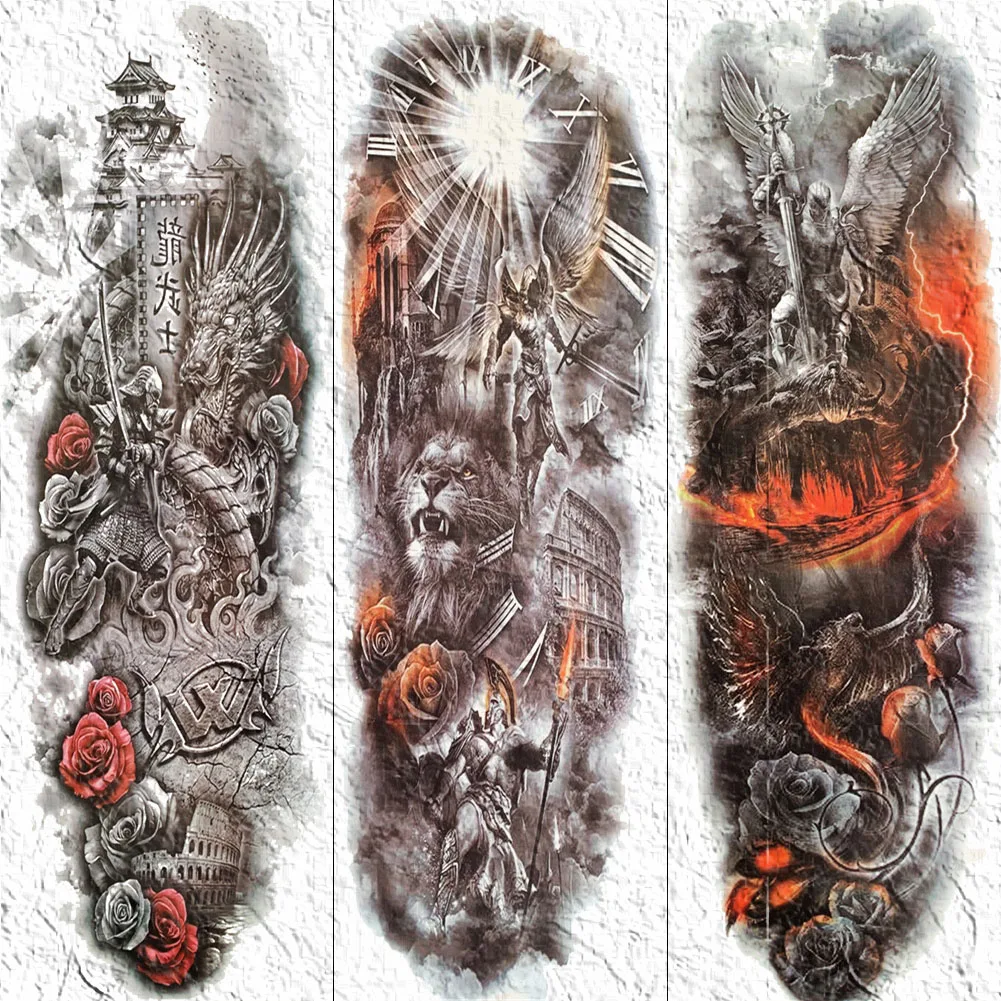 

YURAN Sexy Men Women Temporary Tattoos Full Arm Angel Worrior Lion Body Art Tatoo Paper Waterproof Hero Of Sparta Tattoo Sticker