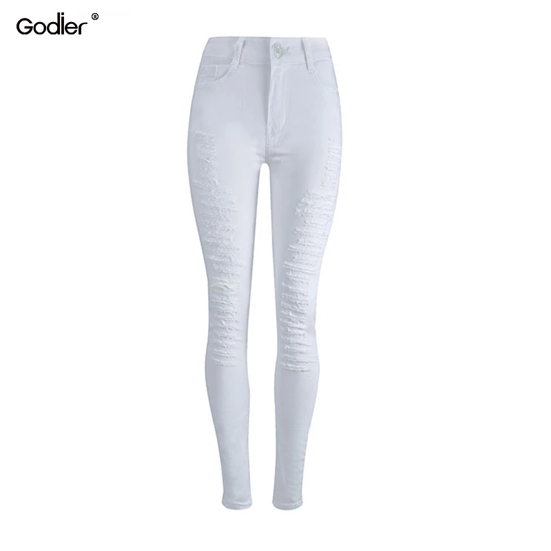 Godier женские потертые пышные белые Стрейчевые крутые джинсы со средней талией