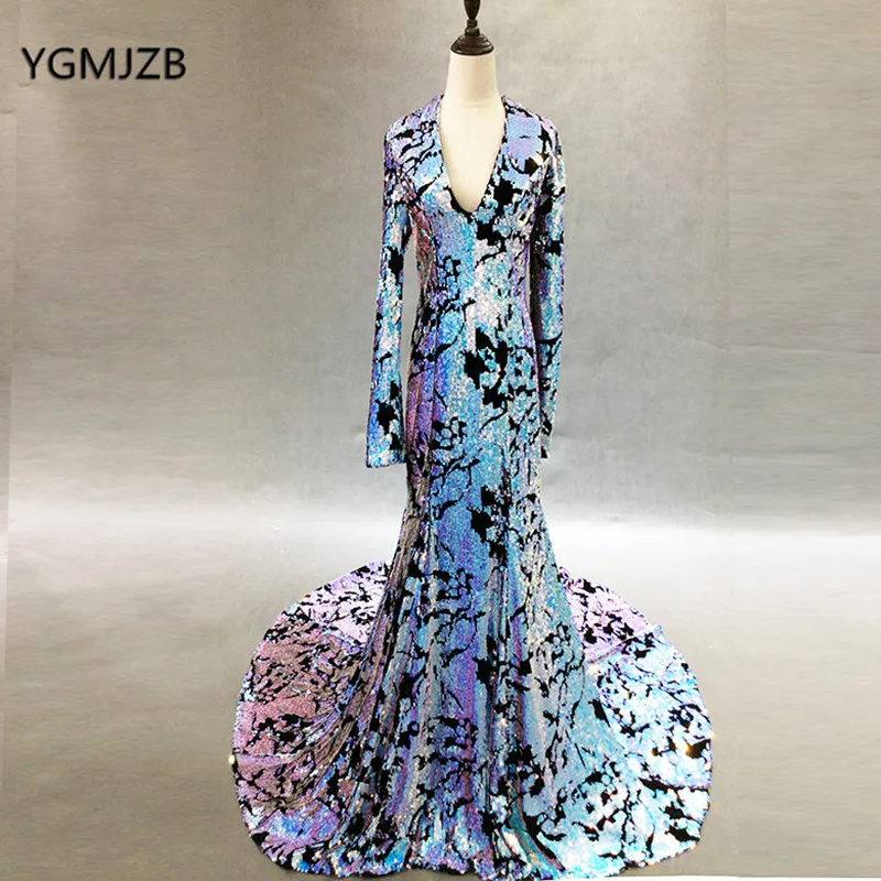 Блестящее вечернее платье с пайетками Русалка 2018 длинными рукавами кафтан