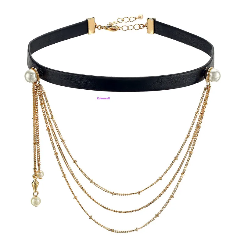 Punk Style Luxury Simulated Pearl Multi Layer Tassel Leather Chokers Necklace VN613 | Украшения и аксессуары