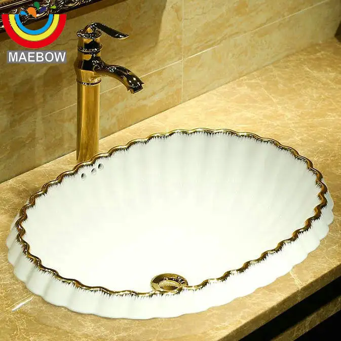 Морская раковина, как Золотое кружево Белый фарфор Овальный керамический полусчетчик раковина для ванной комнаты с переливом