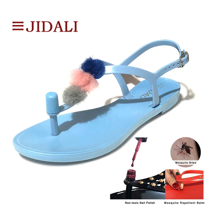 JIDALI/Модная обувь; женские вьетнамки из меха норки; нетоксичный лак для ногтей или Противомоскитный бальзам; Летние сандалии с Т-образным ремешком из ПВХ