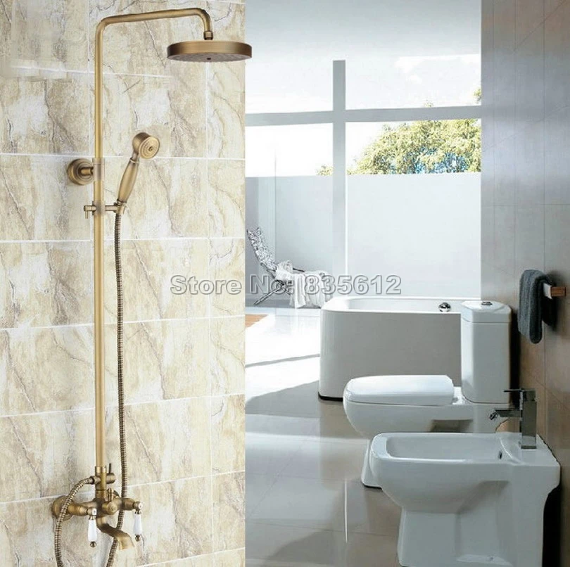 

Классический античная латунь отделка Ванная комната круглый с креплением на стене Дождь душ кран Набор с керамическими ручками ванна смеси...