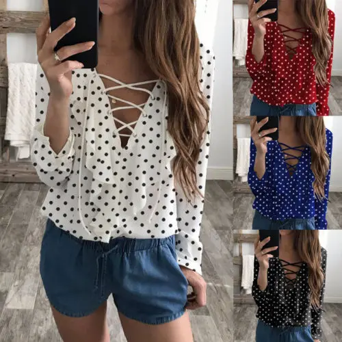 Женская блузка с длинным рукавом V образным вырезом и принтом в горошек|shirt top|ruffle