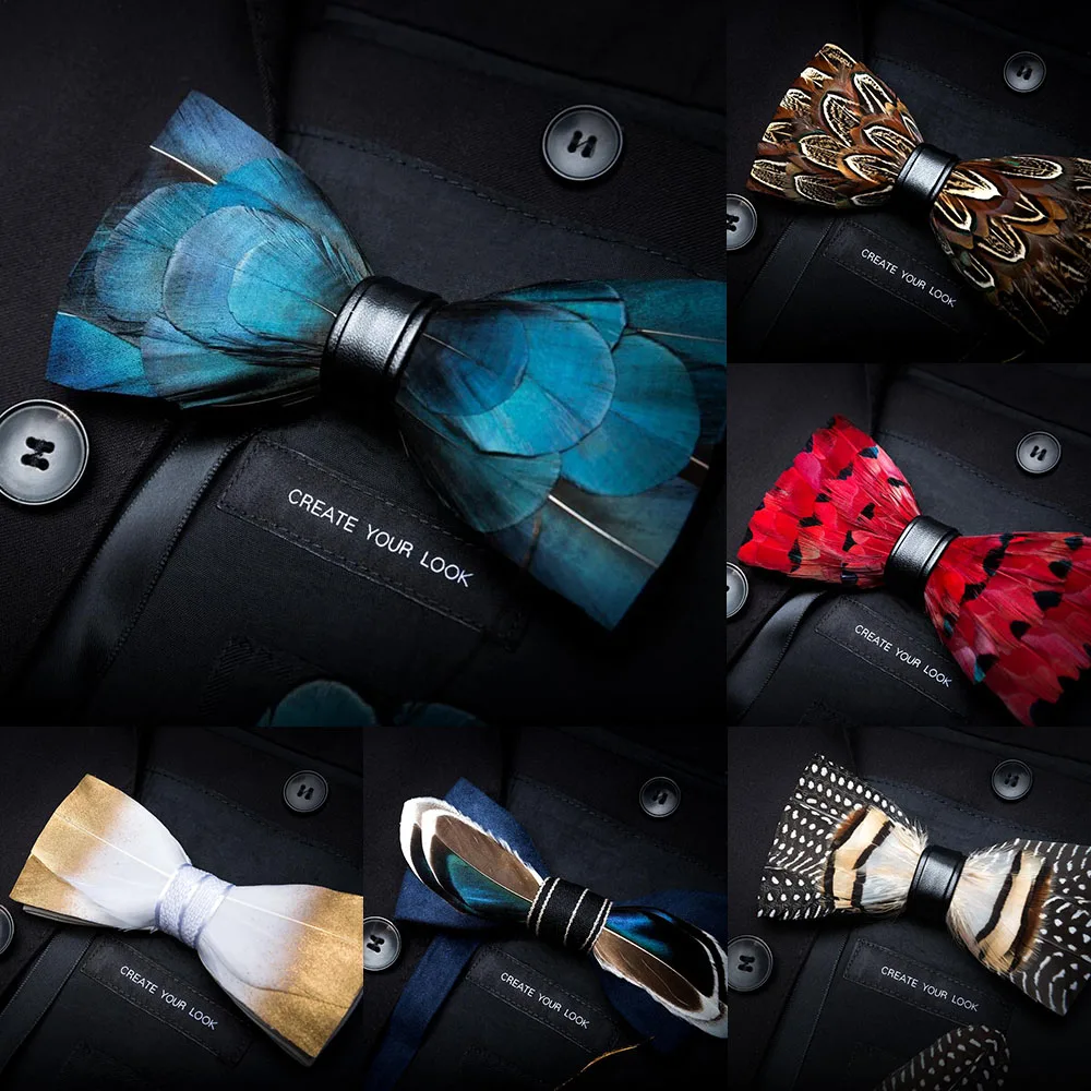 GUSLESON New Fashion Mens Handmade Feather and Leather Bow Tie Pre-tied Bowtie For Wedding Party With Gift Box