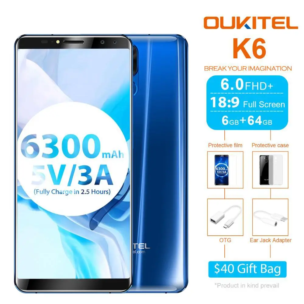 Oukitel K6 6300 мАч батарея 5V3A Быстрая зарядка 6 0 'ཎ:9 распознавание лица ГБ 64 Гб MT6763