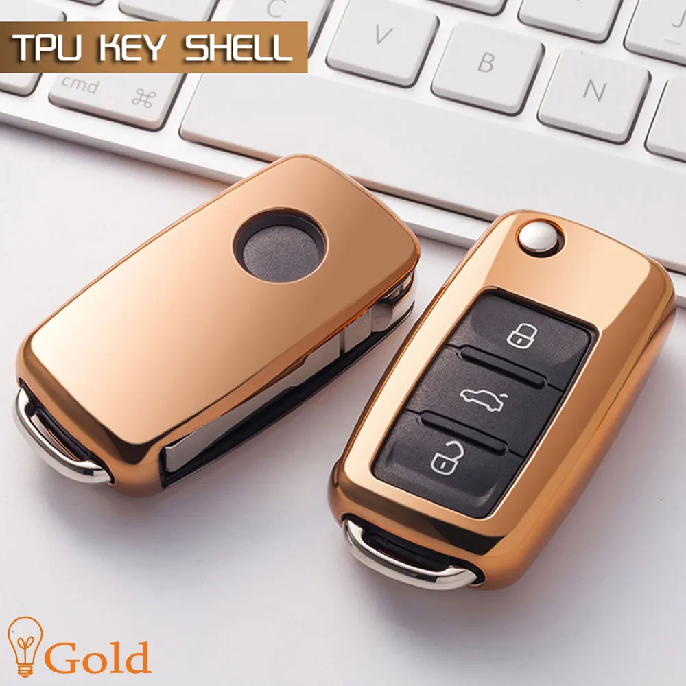Gold Высококачественный ТПУ Мягкий защитный чехол для ключа для VW Golf Bora Jetta POLO GOLF Passat Touran Ibiza Leon Octavia складной чехол - Название цвета: Gold