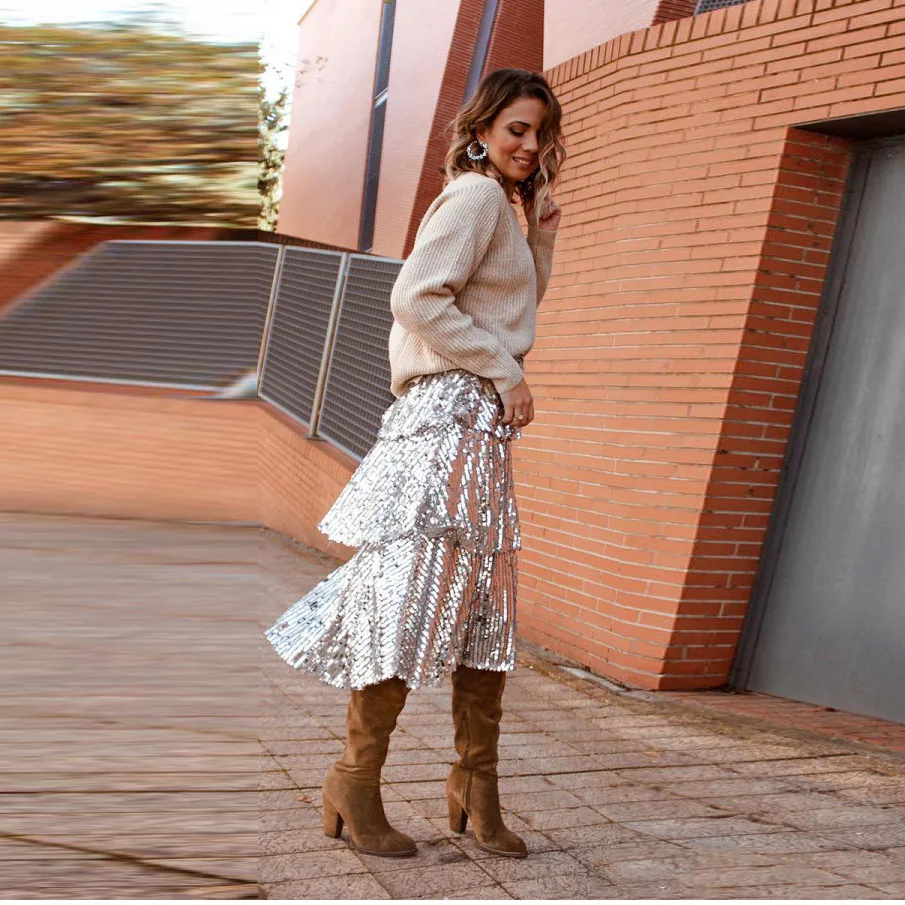 Модные блестящие Серебристые юбки с блестками Женская юбка макси оборками в