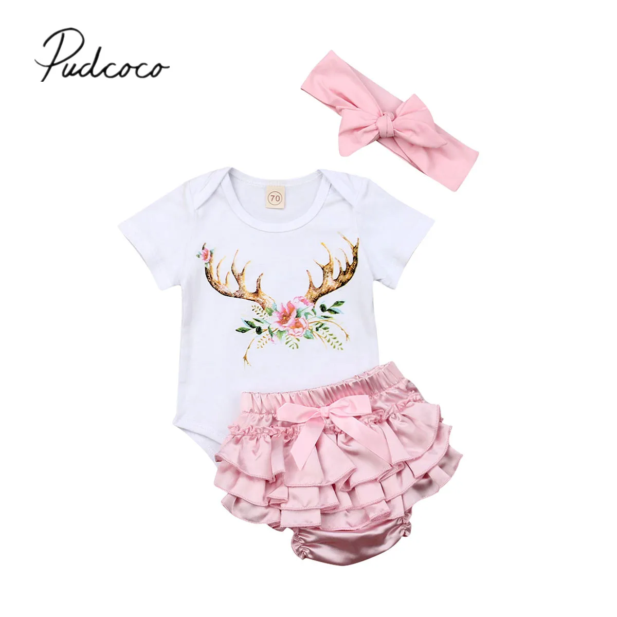 2019 Baby Summer Clothing 0-3Y Infant Girls Deer Print White Romper+Pink Ruffles Shorts+Headband Cotton Party Outfit Sets | Детская