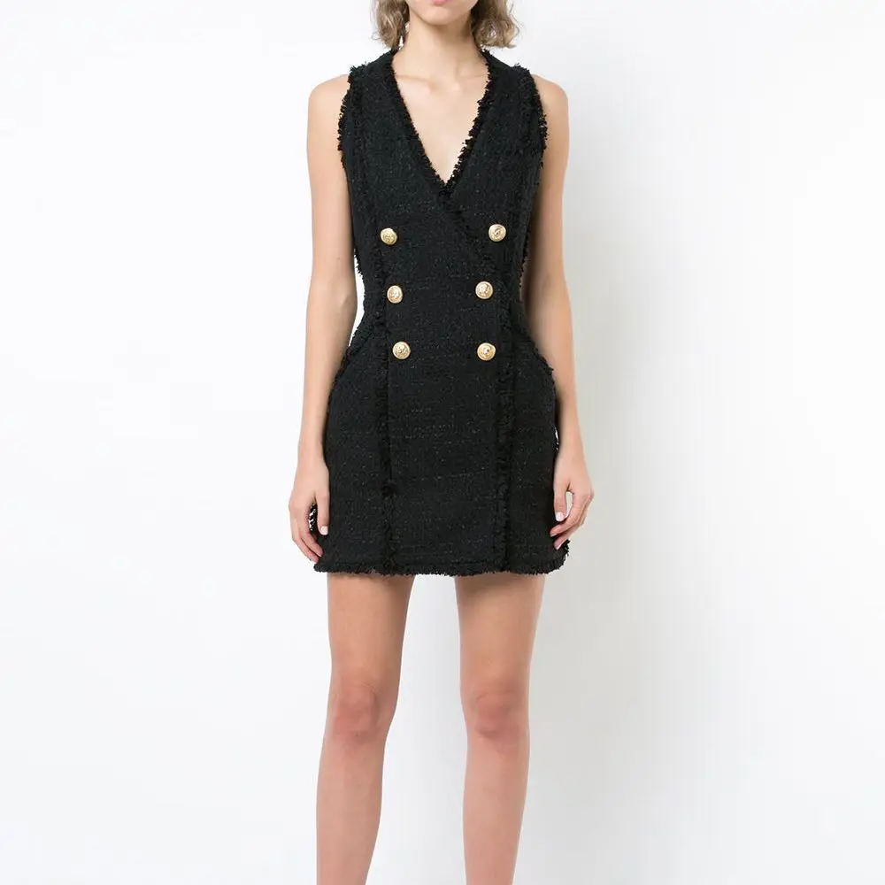 

HIGH QUALITY Runway 2022 Stylish Designer Dress Women's Sleeveless V-neck Lion Buttons Tassel Tweed Tank Dress