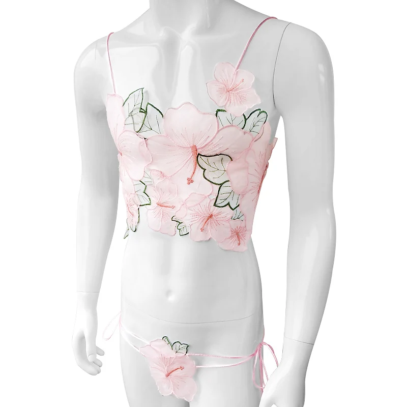 

Floral Appliques Sissy Sexy Lingerie Set Hot Embroidery Dress Bra & Thong for Men Underwear Home wear Sissy Panties Set Clubwear