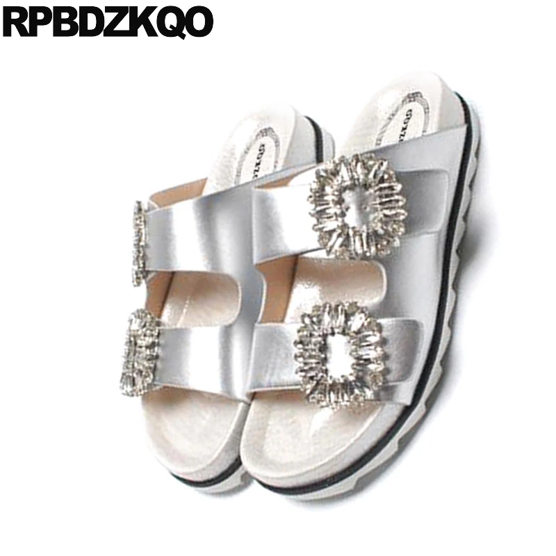 Sandals Slipper Jewel Diamond Rhinestone Slides Famous Brand Flat Crystal Burgundy Satin Designer Shoes Women Luxury 2021 Silver | Обувь