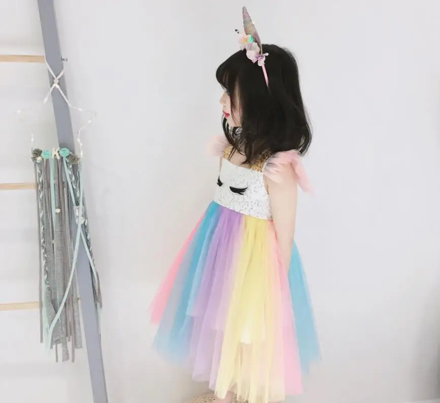 New 2019 Fairy Sequined Rainbow Mesh Unicorn Dresses For Kids Baby Girls Cute Cosplay Clothing 5 pcs/lot Wholesale | Детская одежда и