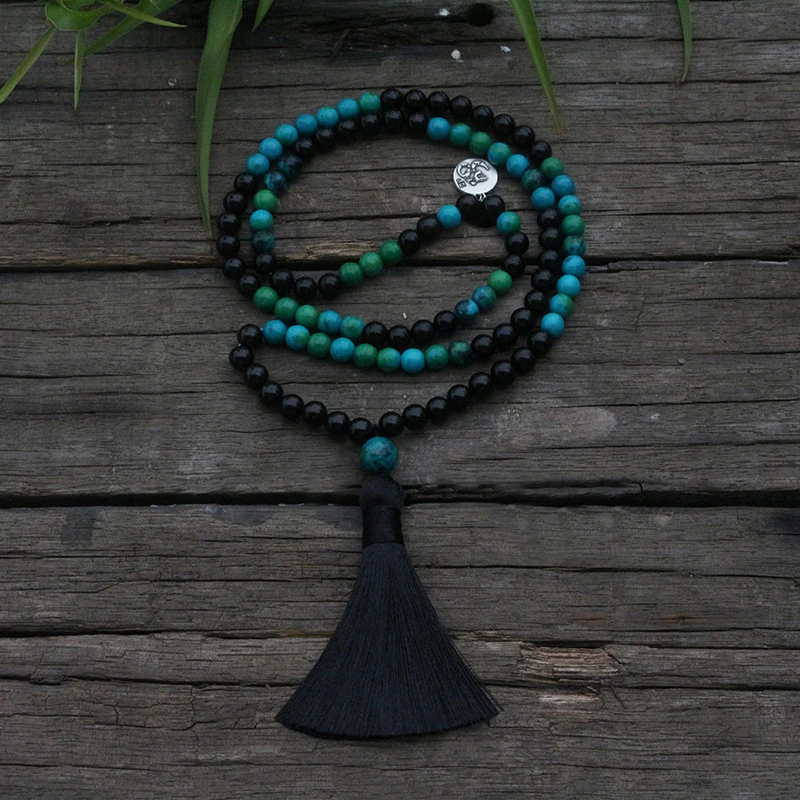 Бусины Mala 8 мм черный оникс Chrysocolla JapaMala духовные украшения молитва медитация Ом 108