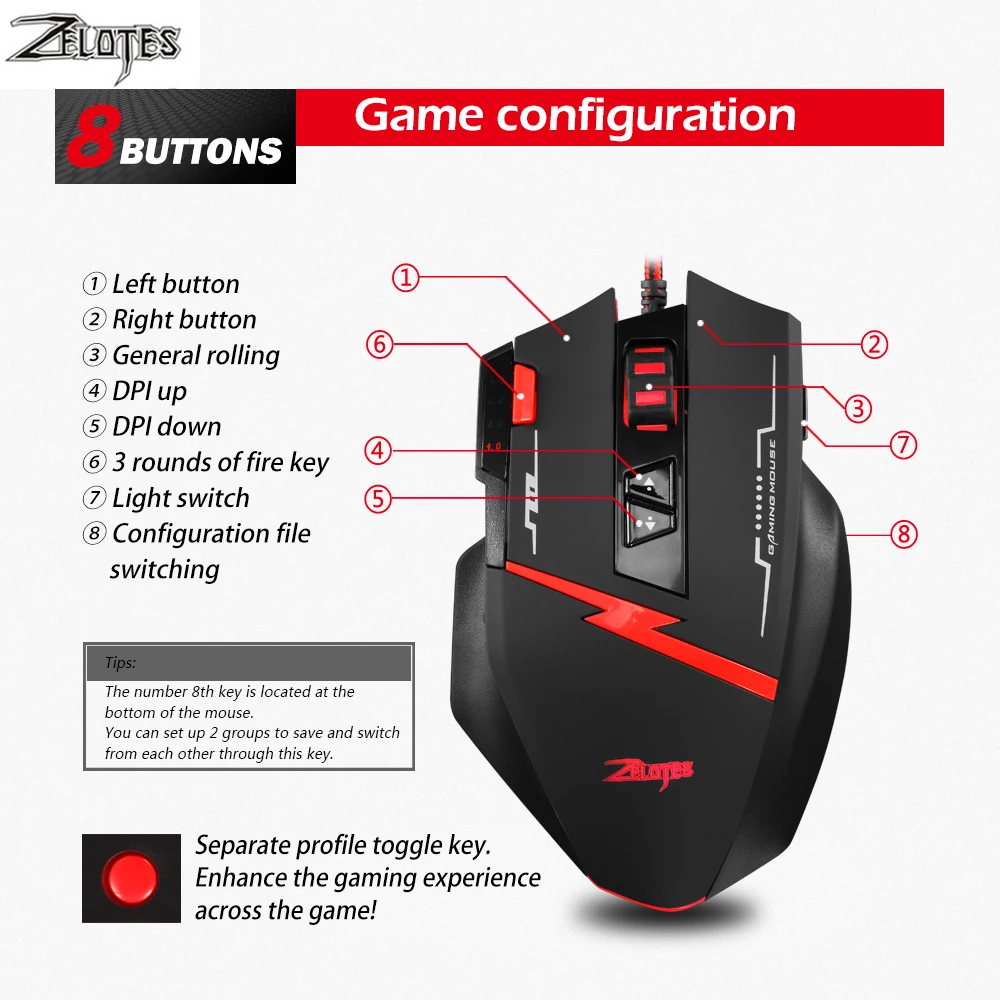 Zealot C 8 программируемый светодиодный оптическая USB игровая мышь 2500 dpi кнопок