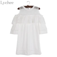 lychee sexy summer women dress off shoulder hollow out flare sleeve ruffle casual mini dress