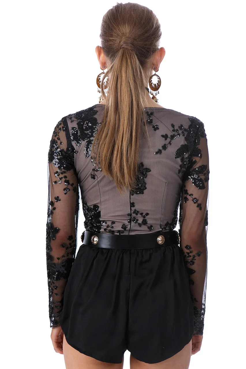 

2018 new Sequin bodysuit jumusuit women Hollow Out Bodysuit Sexy Solid Black Vintage Jumpsuits Sheer Tulle Patchwork Playsuit
