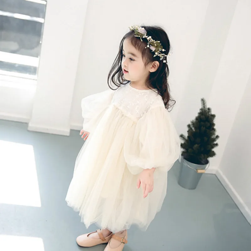 2019 Spring girls fashion mesh long sleeve princess dresses 0-4 years cute girl puff floral embroidery dress Tops | Детская одежда и