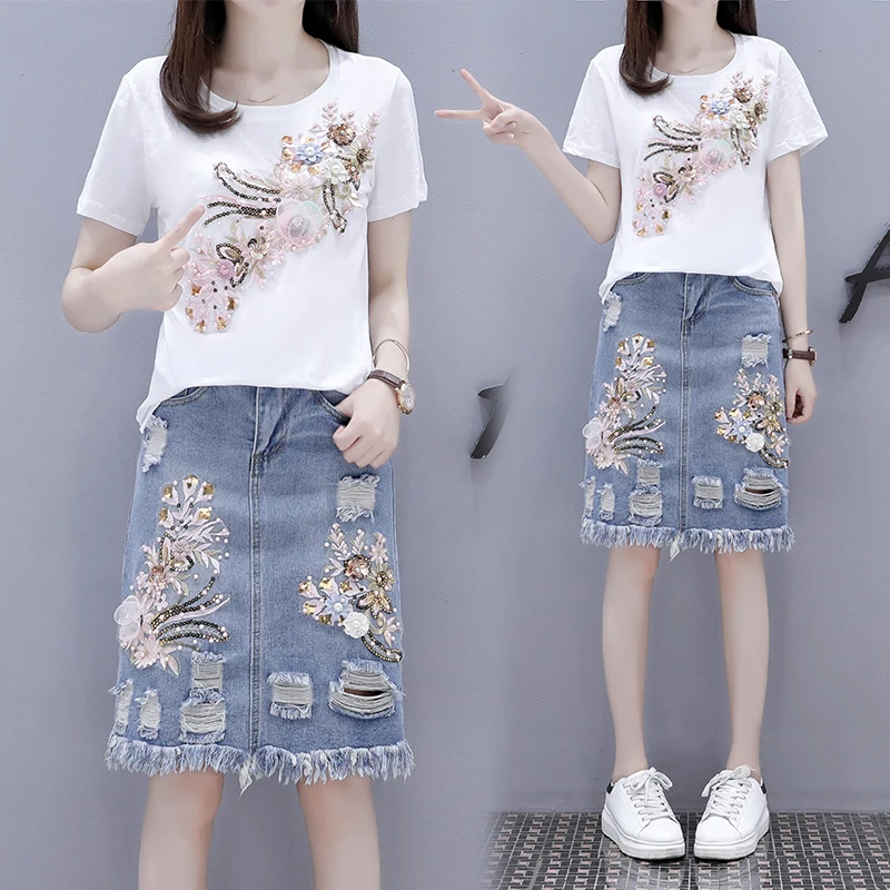 Женская Аппликация 3D цветок вышивка блестками хлопковые футболки + кисточки