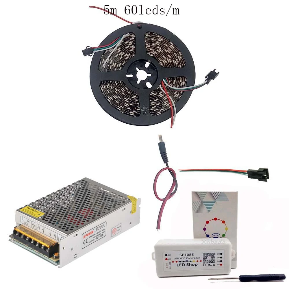 Красный 5 м 10 м 15 м 20 м WS2812B WS2812 30 светодиодов/м 60 светодиодов/м RGB Светодиодная лента, SP108E wifi RGB Led контроллер DC5V комплект адаптера питания - Испускаемый цвет: Красный