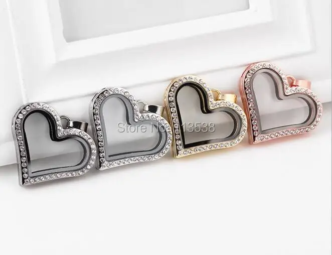 

10pcs lot 37x31x7mm heart shape Memory Photo Magnet Glass Living Floating Locket fashion necklace pendant Zinc Alloy+Rhinestone