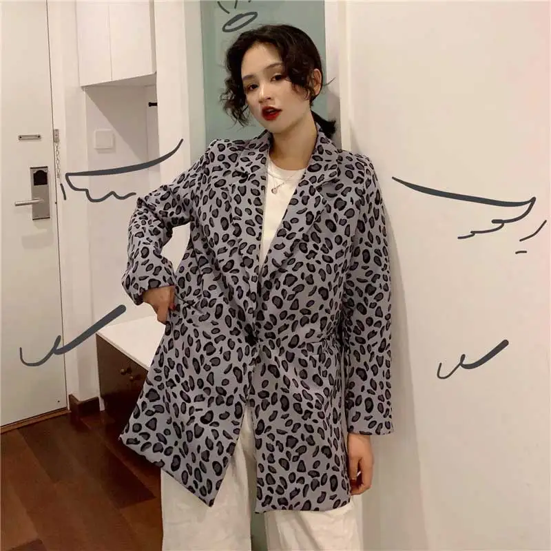 Женский свободный блейзер с леопардовым принтом топ длинными рукавами куртка на