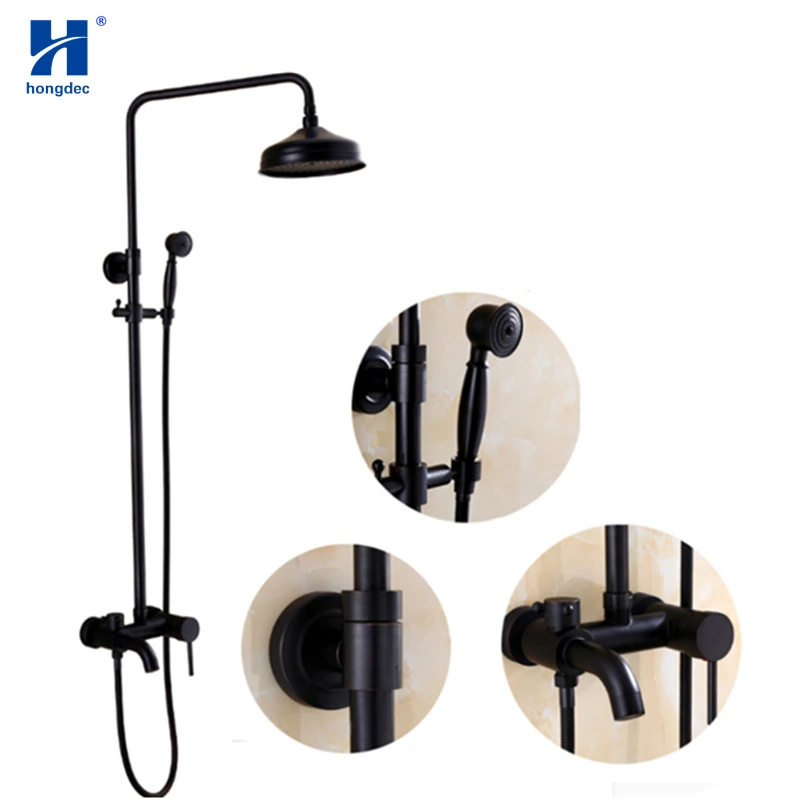 Hongdec Exposed Wall Mounted Brass black shower Faucet Systems Rainfall Shower Set