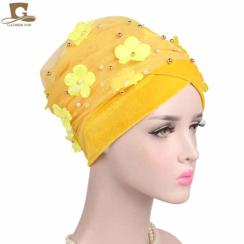Yellow Новая мода 3D цветок бисером очень длинная сетка и бархат тюрбан головной убор нигерийский тюрбан стильный головной шарф для женщин Африка хиджаб - Цвет: Yellow