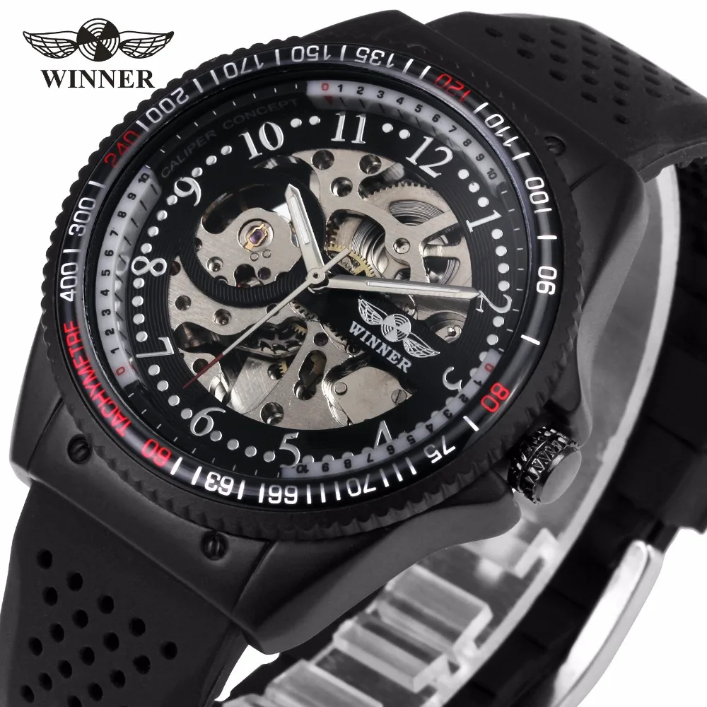 WINNER модные спортивные автоматические механические мужские часы с черным