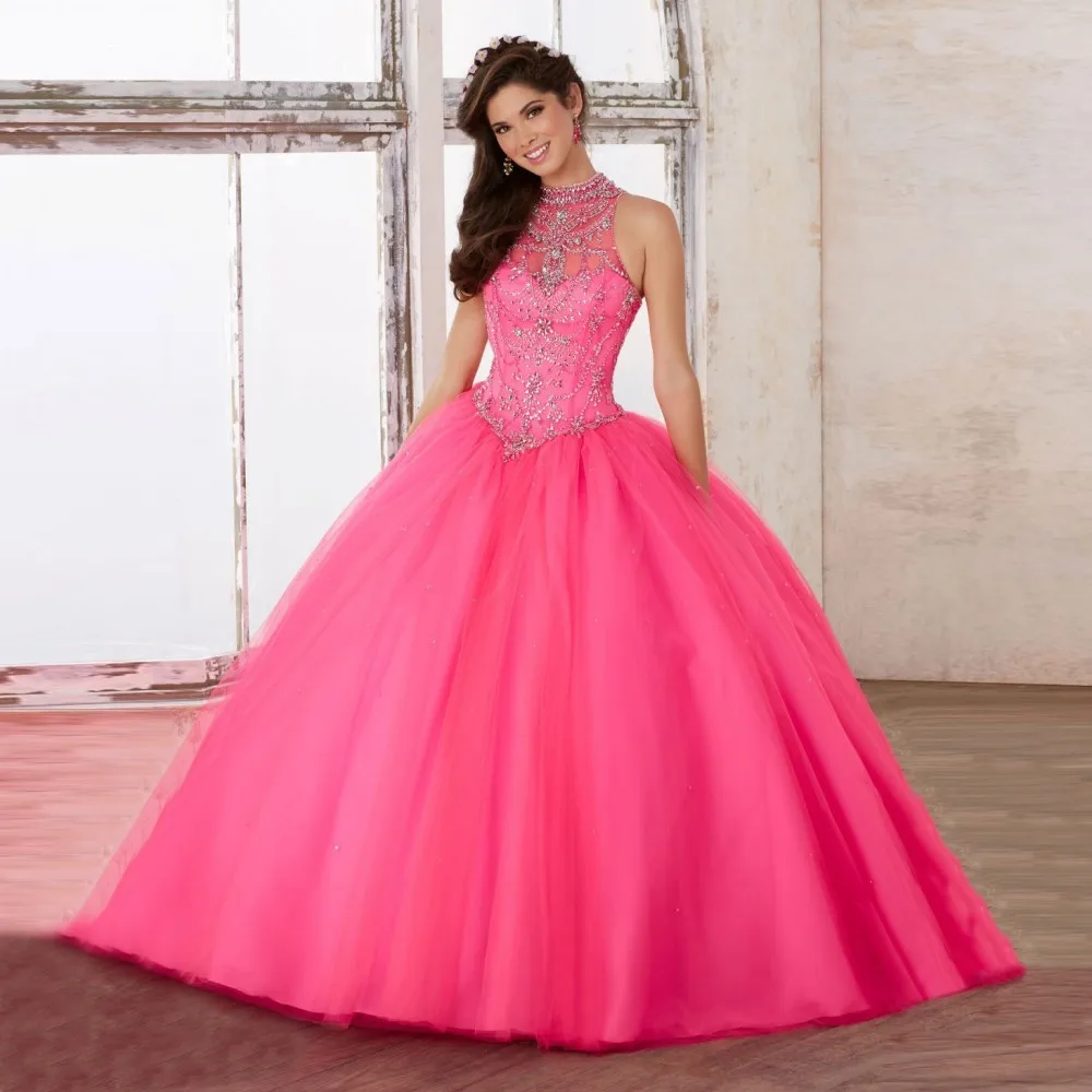 Пышные бальные платья Quinceanera фатиновые с высокой горловиной и кружевной