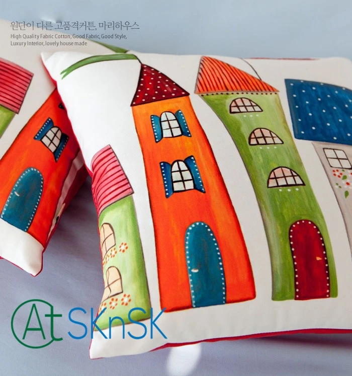 

3pcs/lot Free shipping Custom Korean style home decoration cartoon colorful pillow and cotton short curtains for bedroom kitchen
