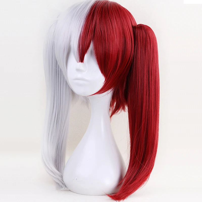 My Boku no Hero Academia Todoroki Shoto Long Natural Wave Double Ponytails Half White And Red Synthetic Cosplay Wig For Hallowee