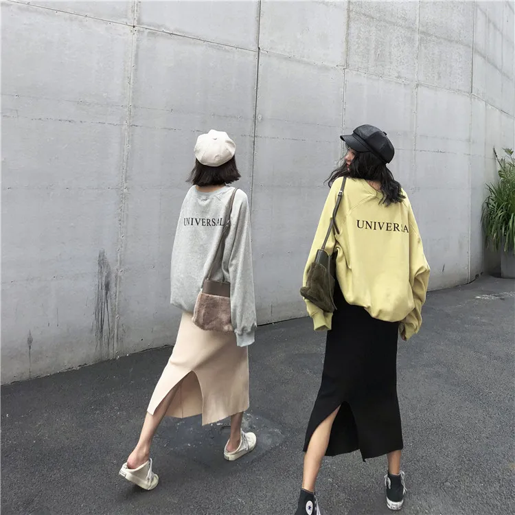 Harajuku уличная трикотажная юбка осень зима Корейская мода универсальная Сплит миди Faldas Mujer однотонные черные юбки женские