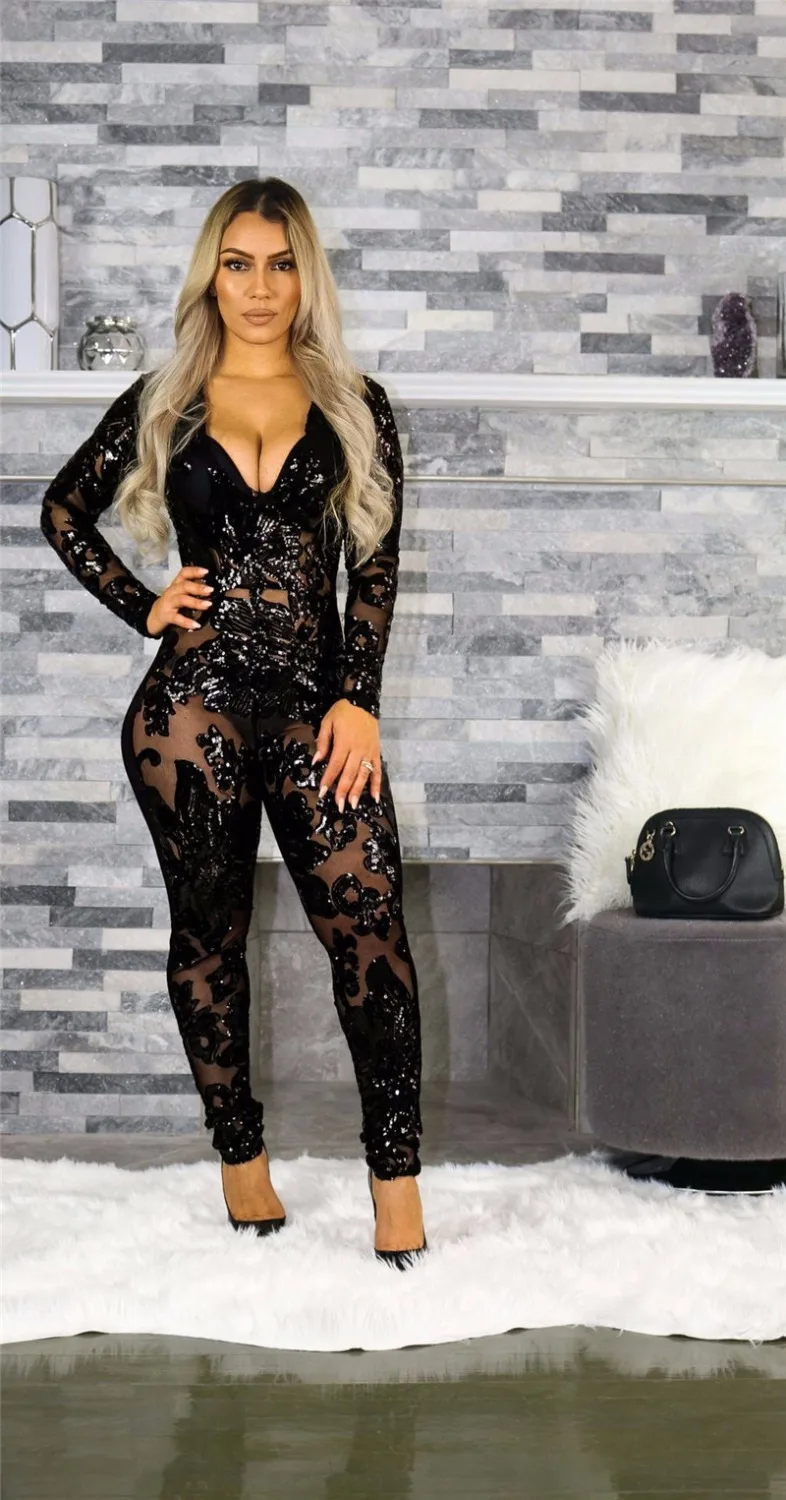 Женский сетчатый комбинезон Adogirl Модный облегающий с блестками глубоким