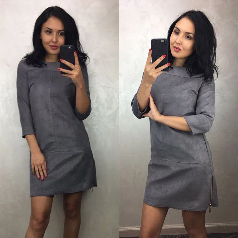 Gray BornToGirl Осень Зима Женское платье с рукавом 3/4 и круглым вырезом тонкое черное серое коричневое красное Замшевое платье - Цвет: Gray