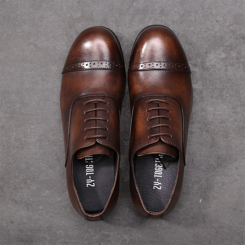 British classic round toe lace up bullock leather shoes black/coffee casual for men real breathable oxford | Обувь