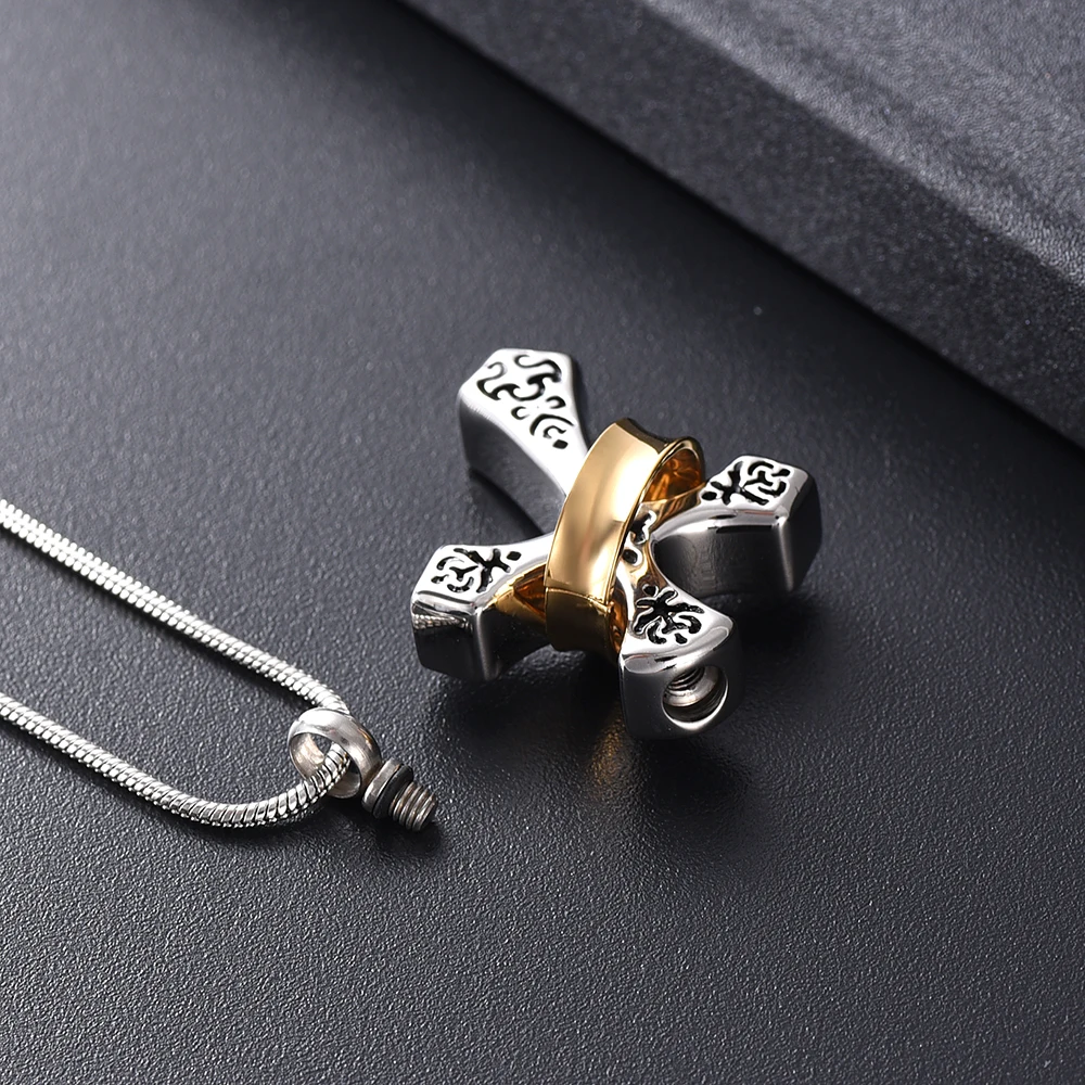 

IJD12234 Gold Collar Cross Cremation Jewellery For Men 316L Stainless Steel Keepsake Urn Pendant For Memorial Ashes Necklace