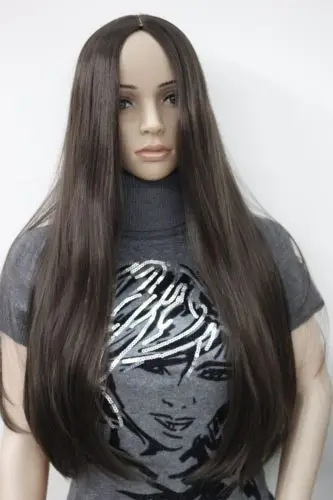 dd001848 New brown no bangs center skin part top synthetic women's straight long wig |