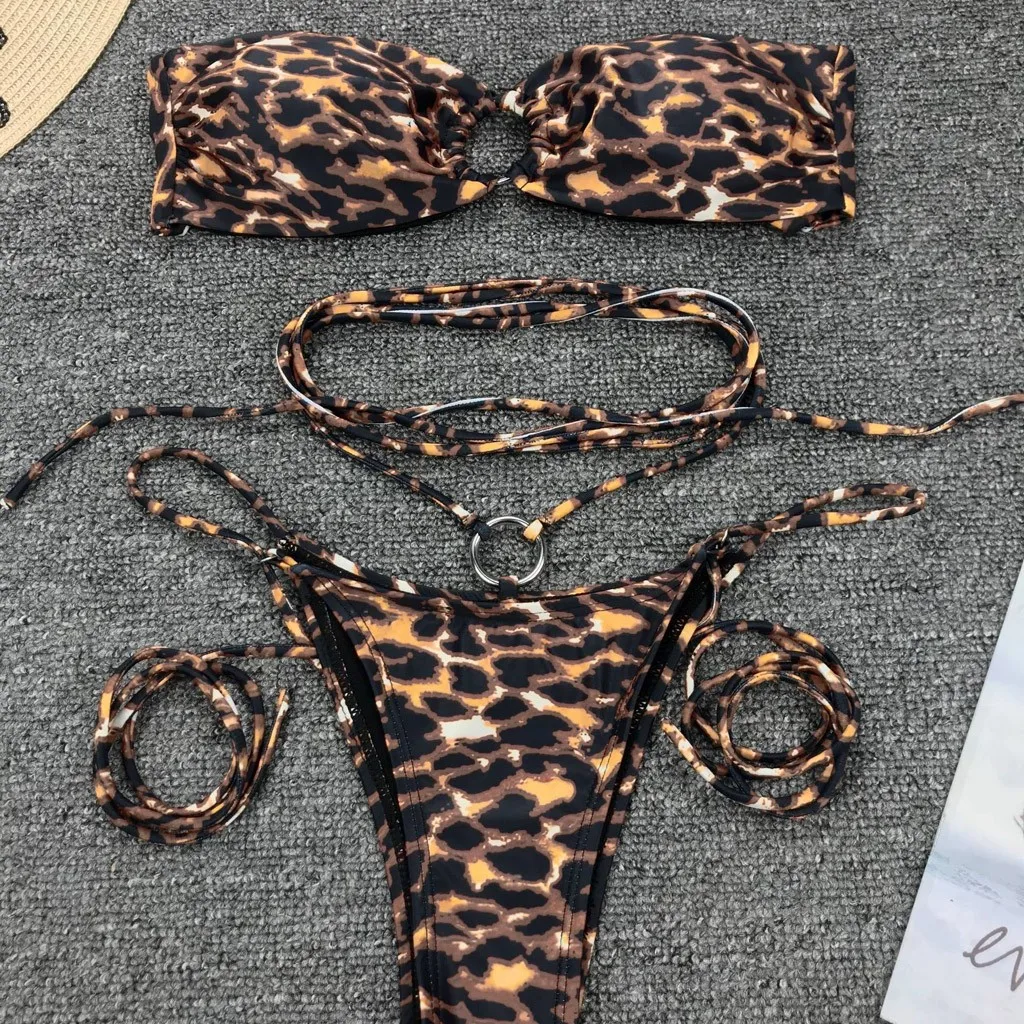 Женский сексуальный купальник с леопардовым принтом бандажный комплект бикини