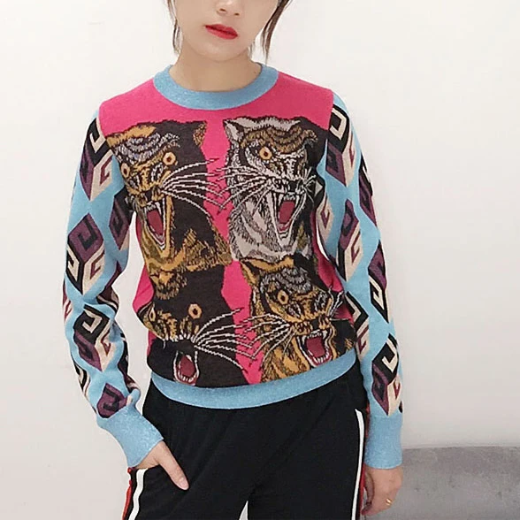 Fashion Women Sweater Tiger Head Cube Pattern Jacquard Knitted Pullovers Long Sleeve Winter Cool Runway | Женская одежда